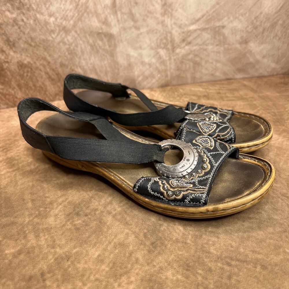 Rieker Beaded Black Strappy Sandals Silver Emblem Embroidered Indie Peasant Boho
